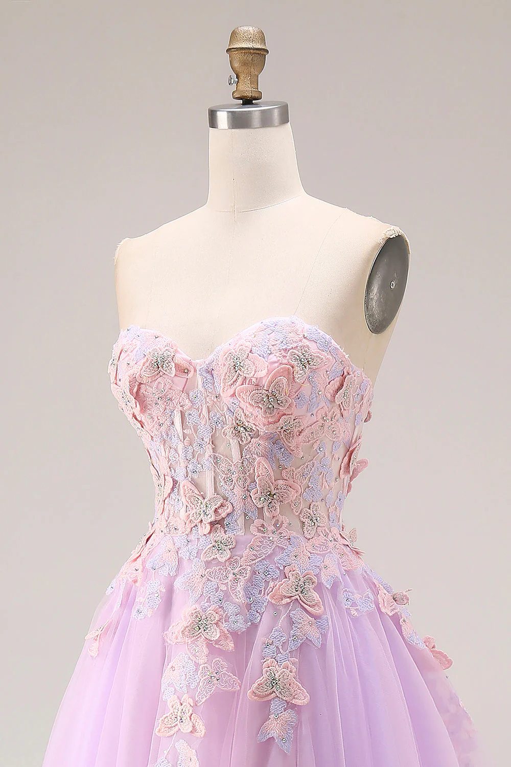 Sweetheart Lilac Tulle A-Line Appliqued Long Prom Dress with Slit - Image 6
