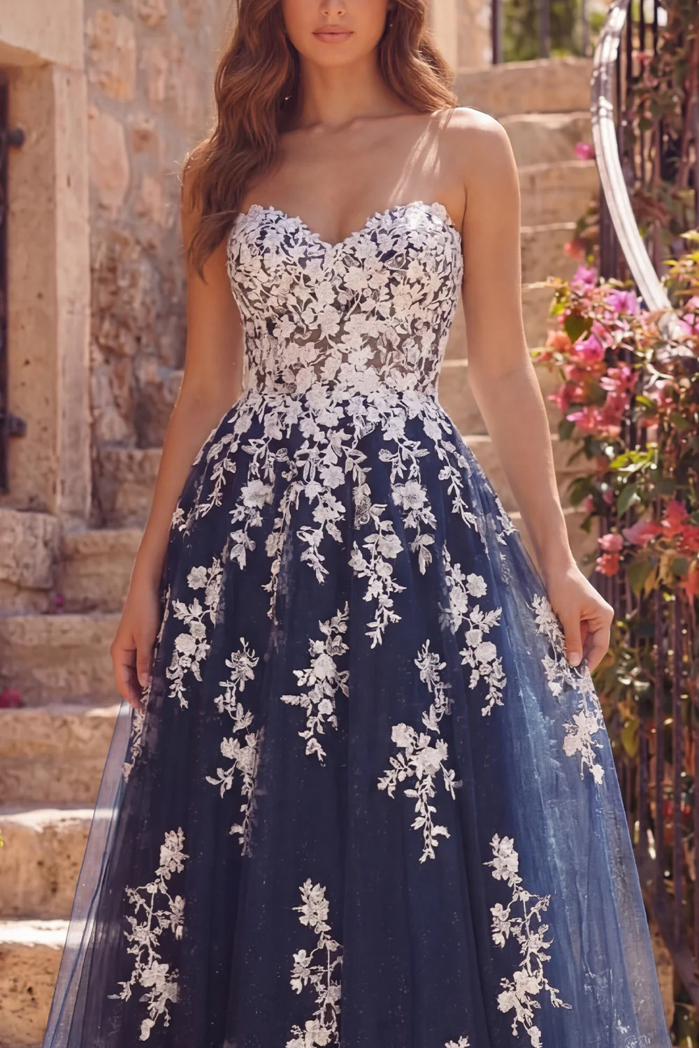 Sweetheart Navy A Line Floral Tulle Long Prom Dress - Image 3