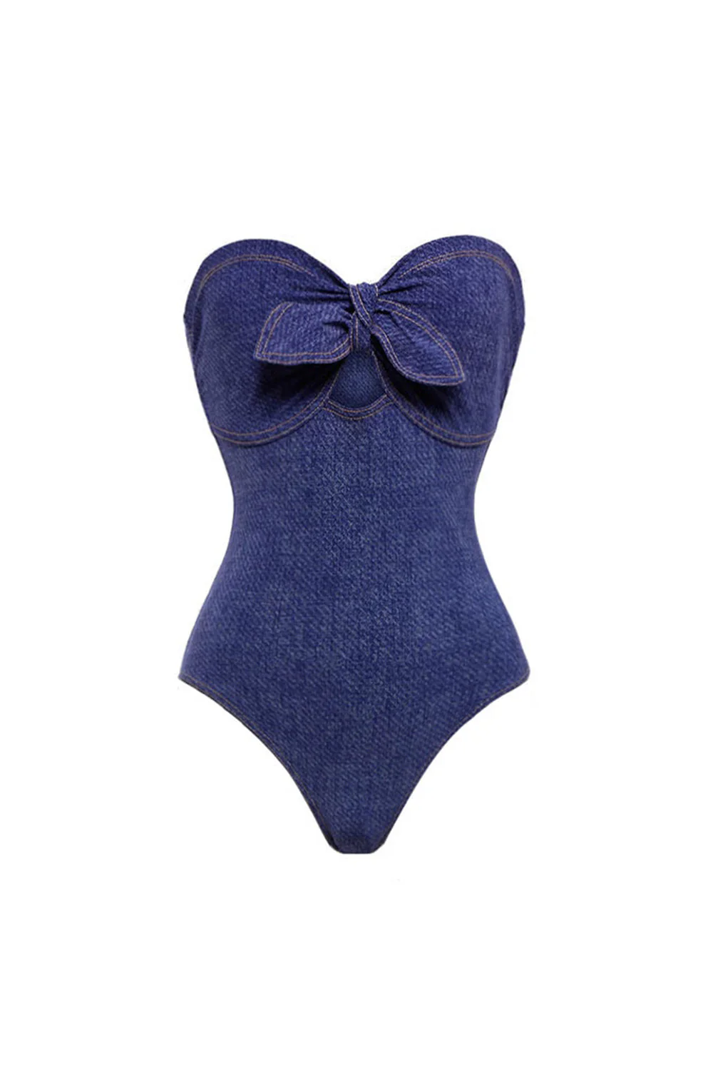 Sweetheart Navy Denim 2 Piece Swimsuit with Cover Up Skirt - Image 2