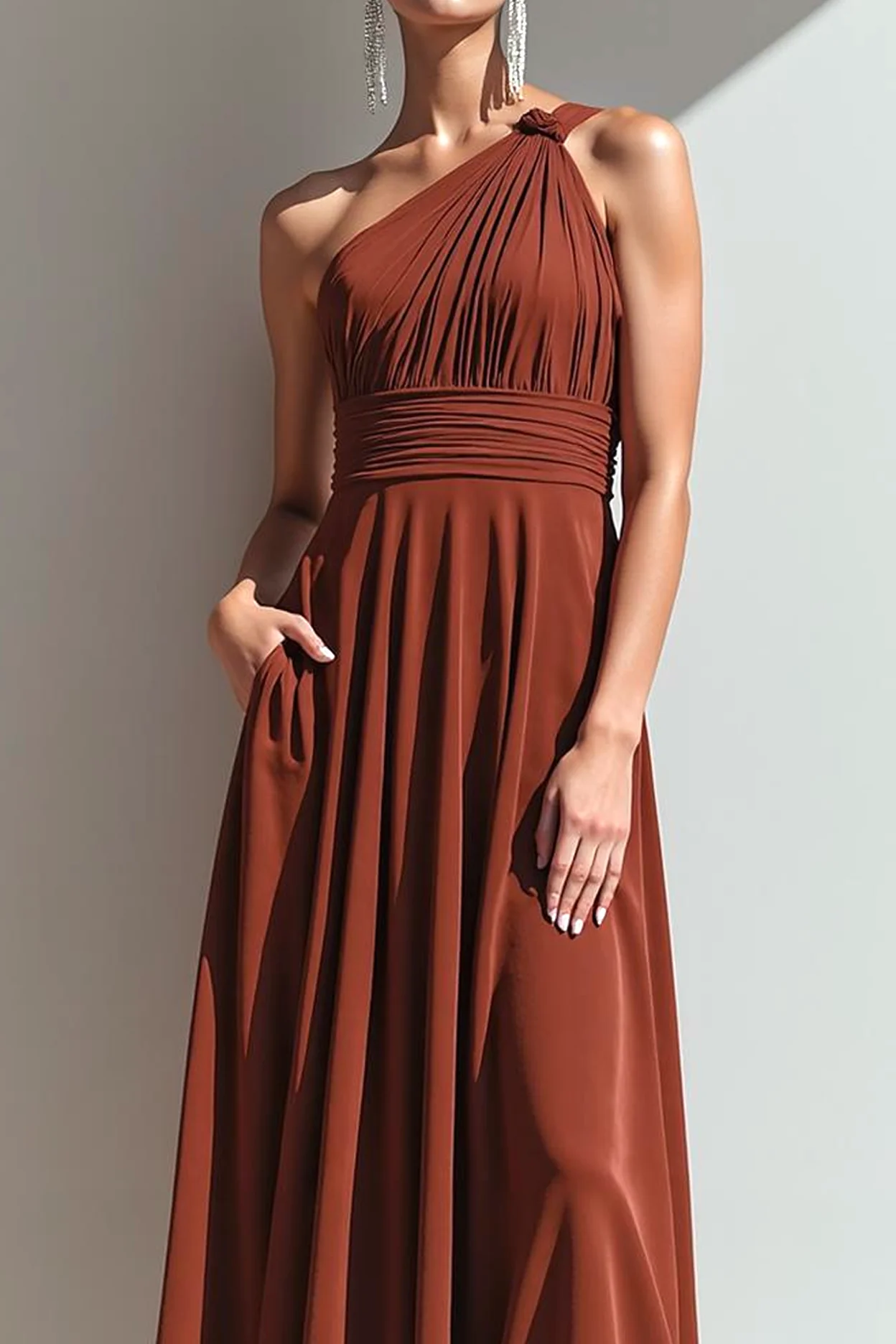 Terracotta One Shoulder A Line Maxi Evening Dress with Pocket - Image 2