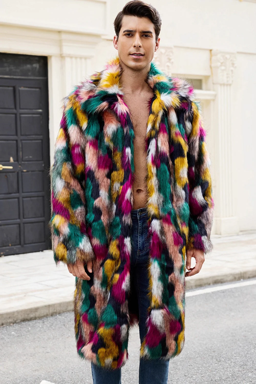 Thick Faux Fur Shawl Collar Colorful Men's Winter Coat - Image 2