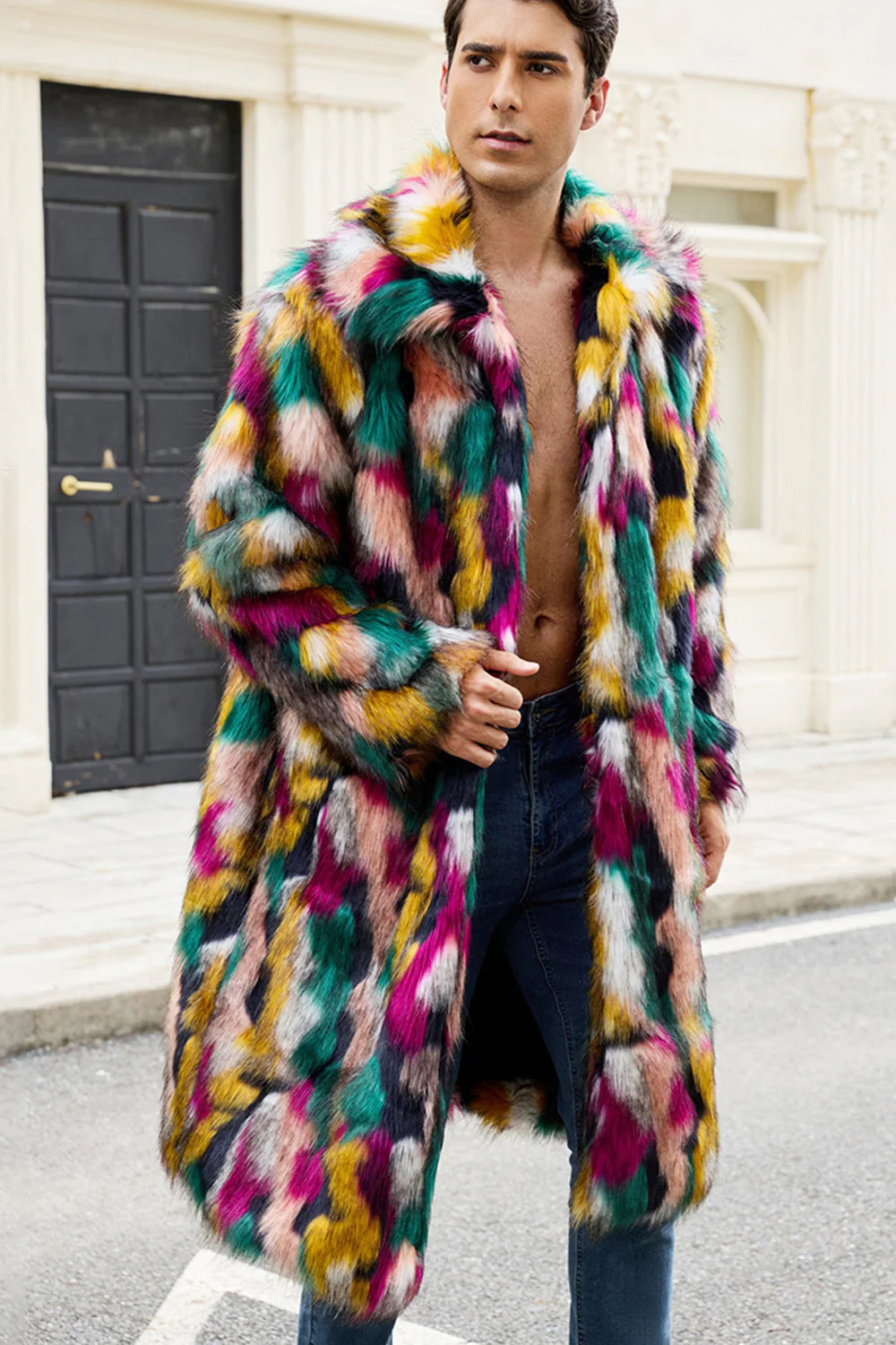 Thick Faux Fur Shawl Collar Colorful Men's Winter Coat - Image 3