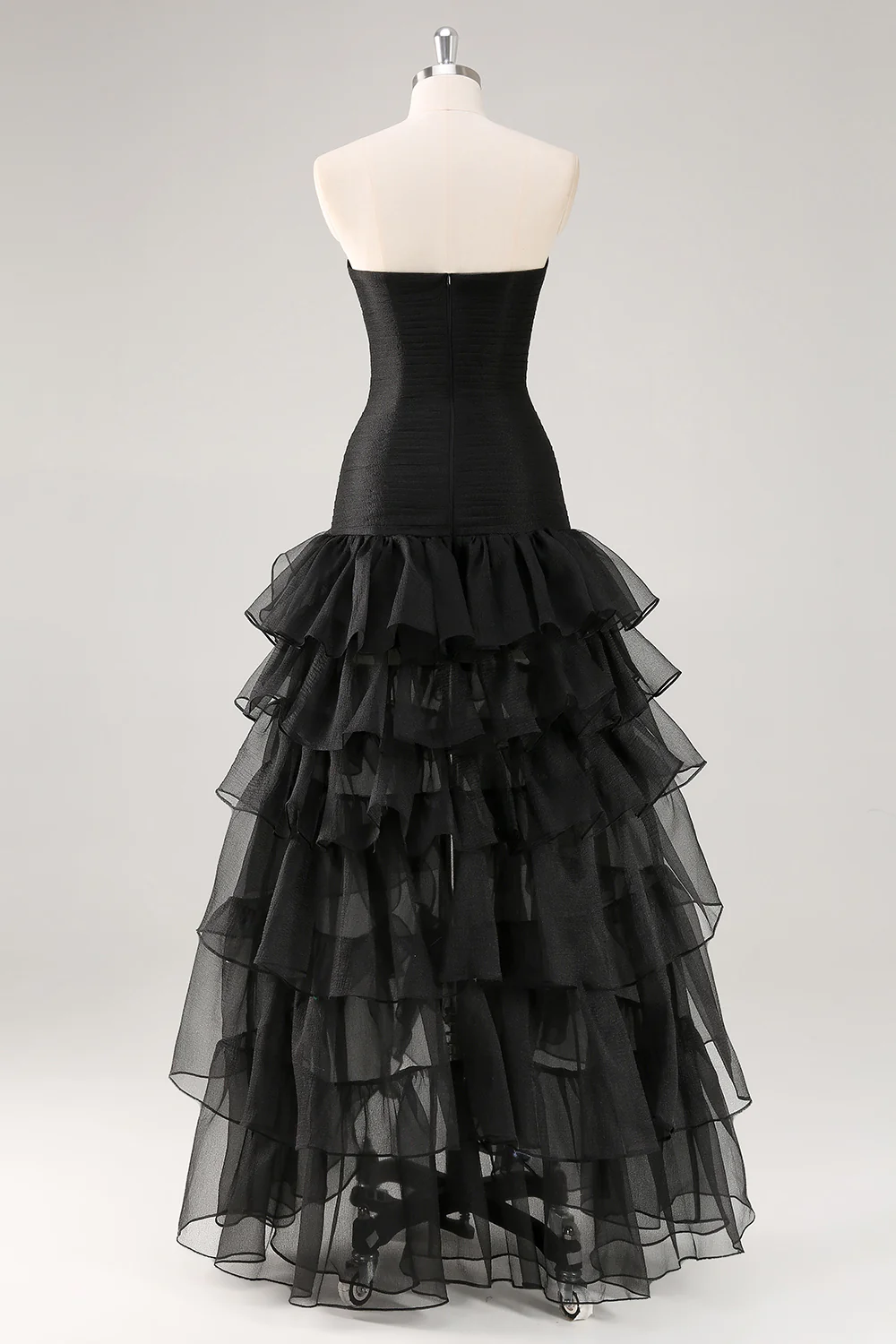 Tiered Strapless Tulle Ruffles Black Evening Dress - Image 3