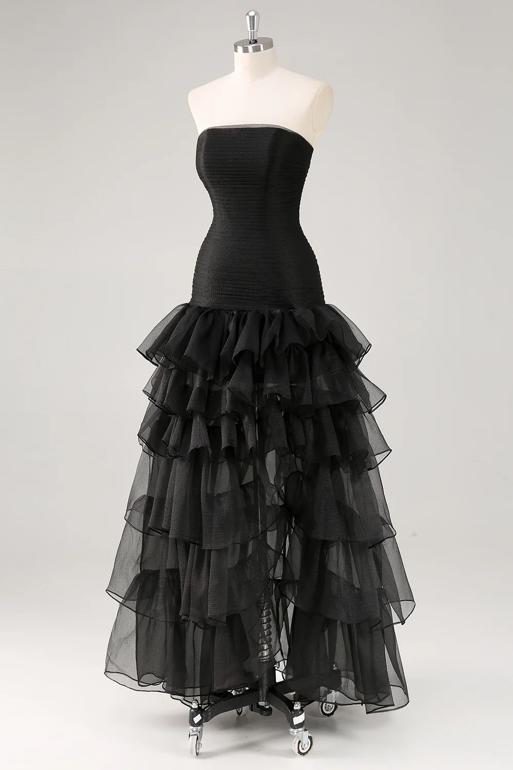 Tiered Strapless Tulle Ruffles Black Evening Dress - Image 4