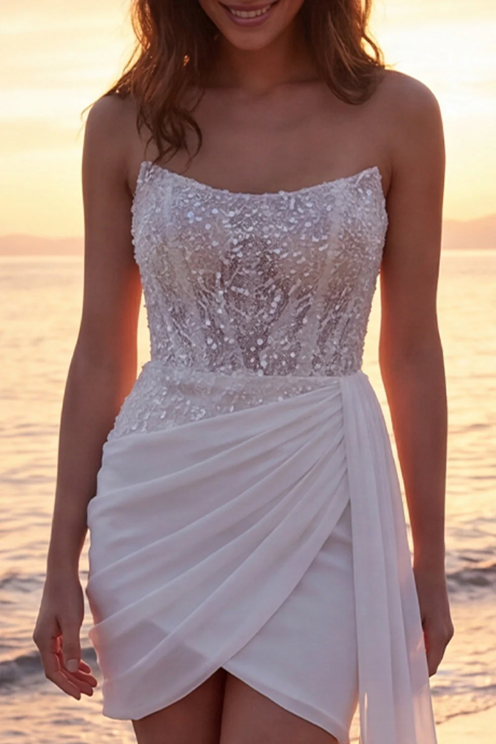 Sparkly Ivory Strapless Corset Bridal Shower Dress with Streamer - Image 3