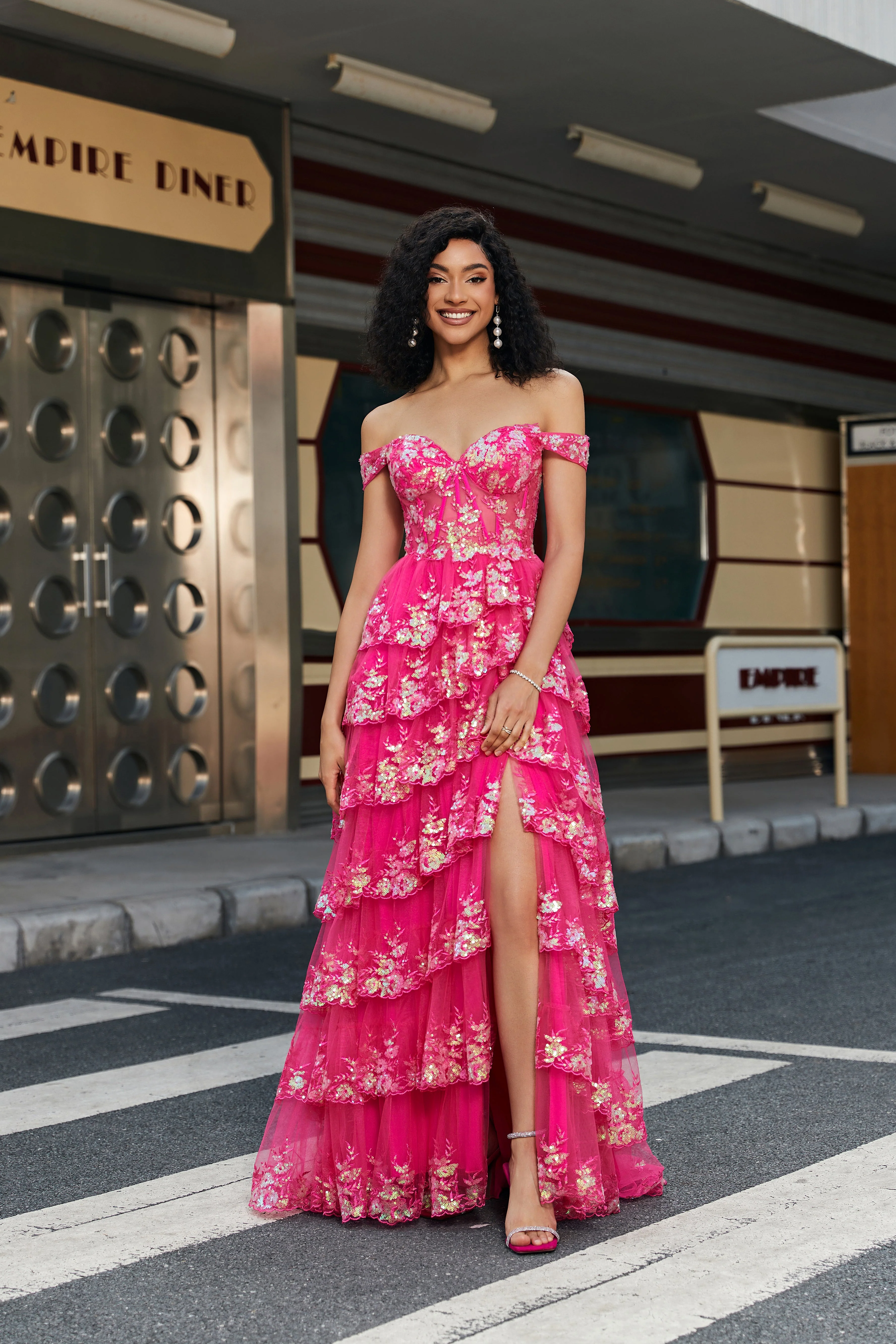 Trendy A Line Off the Shoulder Fuchsia Corset Prom Dress with Split Front - Image 3