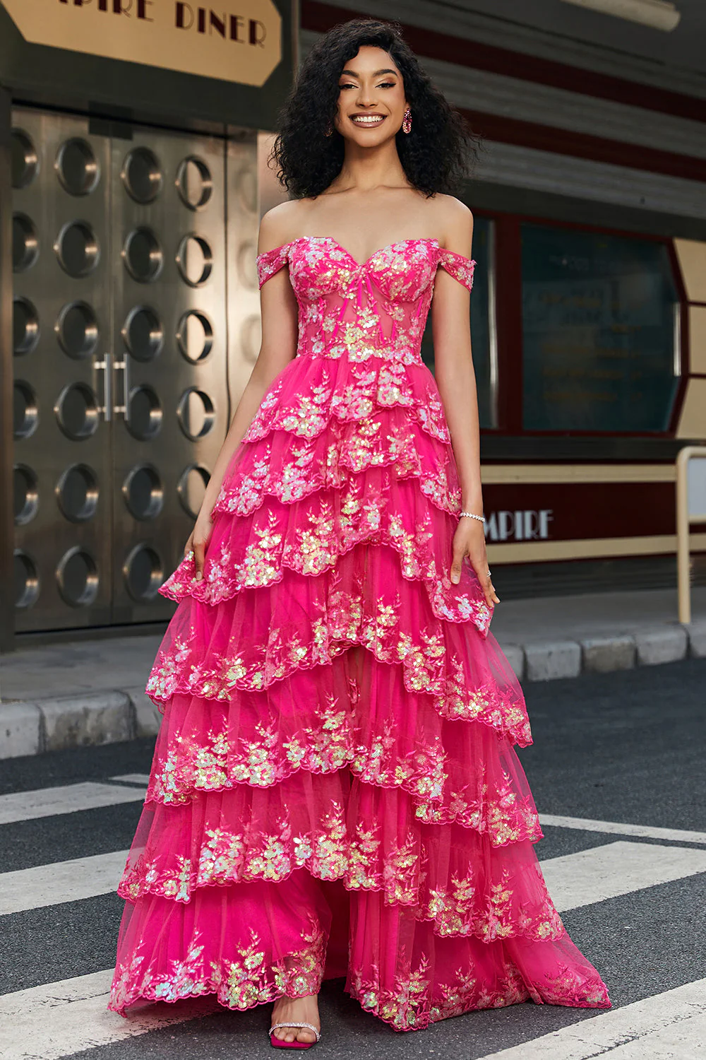 Trendy A Line Off the Shoulder Fuchsia Corset Prom Dress with Split Front - Image 4