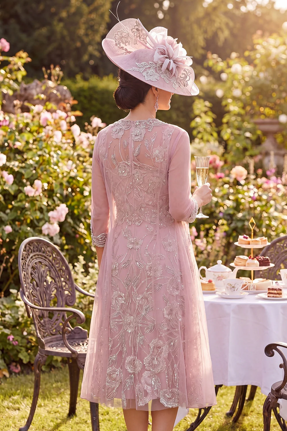Blush A Line Floral Round Neck Beaded Midi Mother of the Bride Dress - Image 2