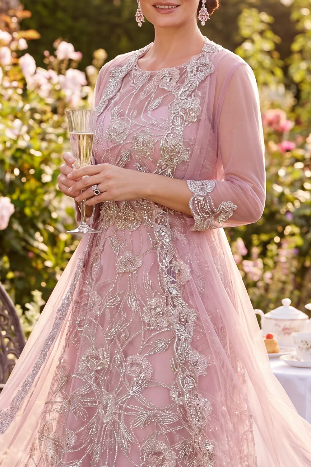 Blush A Line Floral Round Neck Beaded Midi Mother of the Bride Dress - Image 3