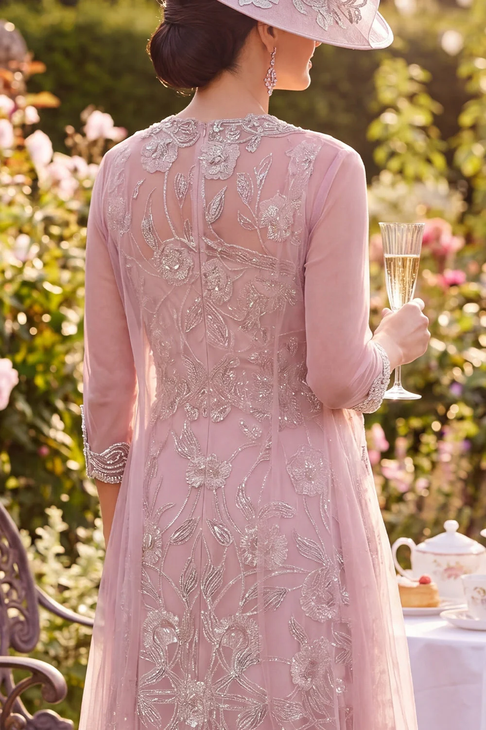 Blush A Line Floral Round Neck Beaded Midi Mother of the Bride Dress - Image 4