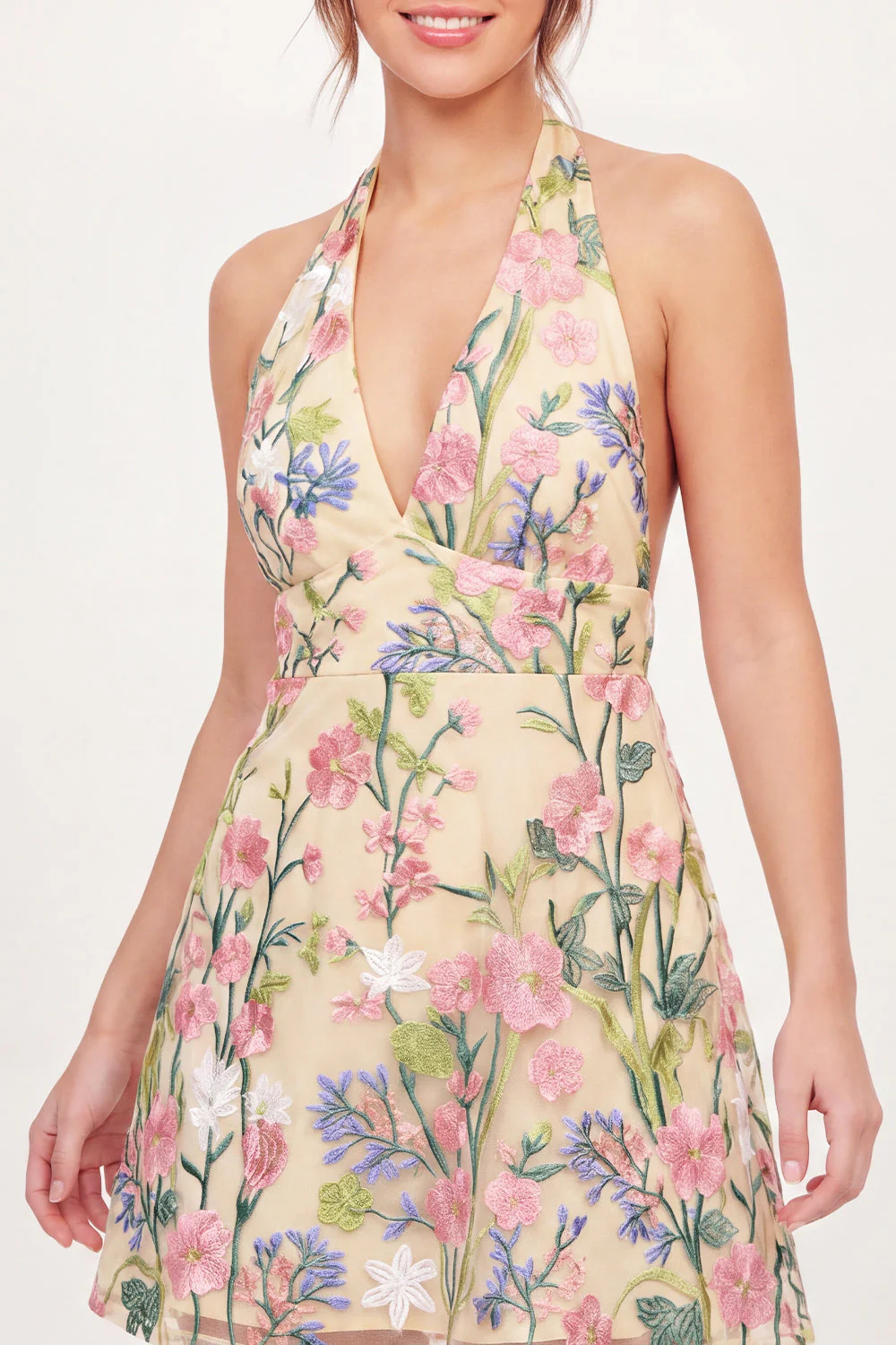Halter Neck Yellow Floral A-Line Embroidered Mini Graduation Dress - Image 3