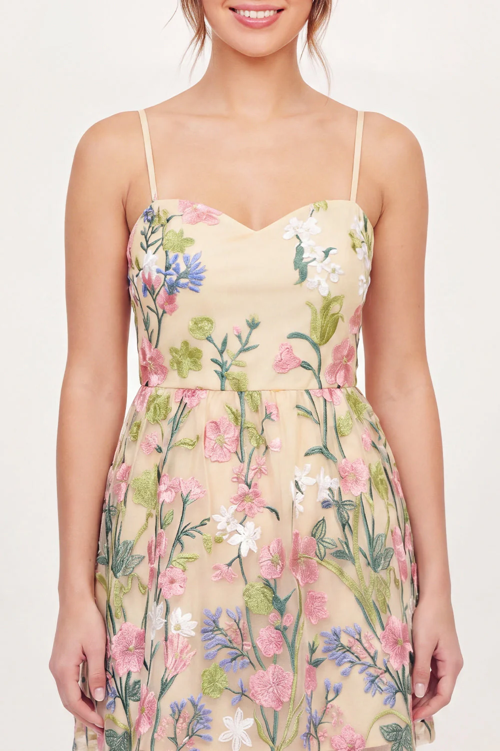 Yellow Floral Spaghetti Straps Embroidered Graduation Dress - Image 3