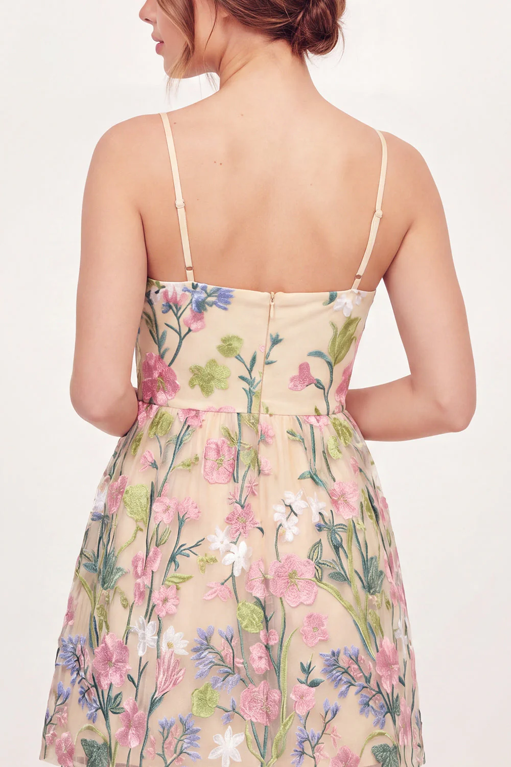Yellow Floral Spaghetti Straps Embroidered Graduation Dress - Image 4