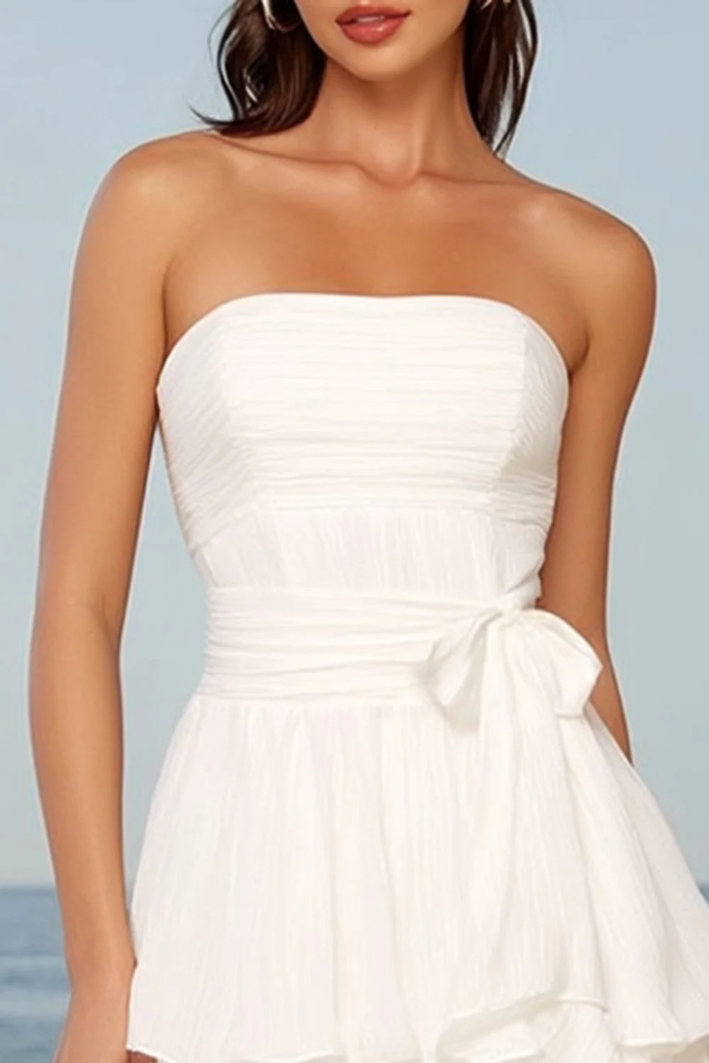 Tulle Ivory Strapless Tiered A-Line Midi Bridal Shower Dress with Bow - Image 3