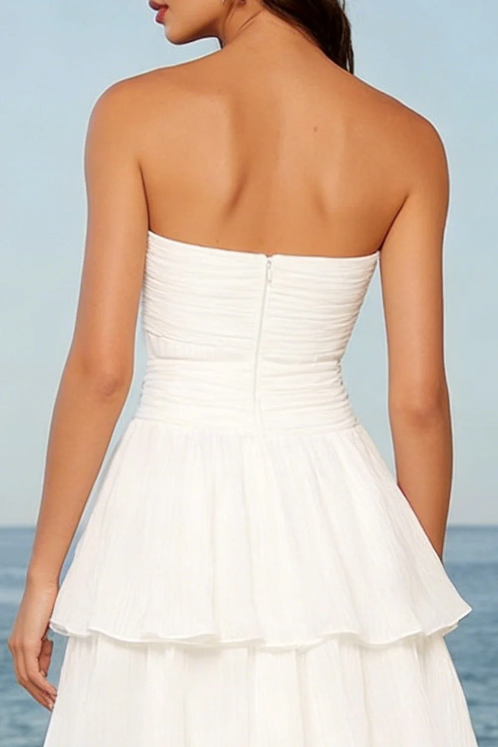 Tulle Ivory Strapless Tiered A-Line Midi Bridal Shower Dress with Bow - Image 4
