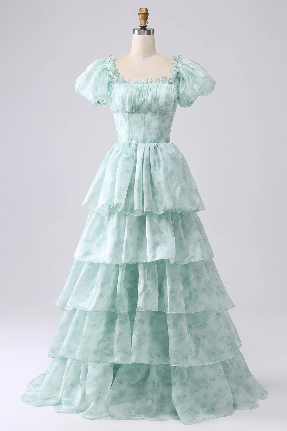 Organza Light Blue Corset Tiered Prom Dress - Image 14