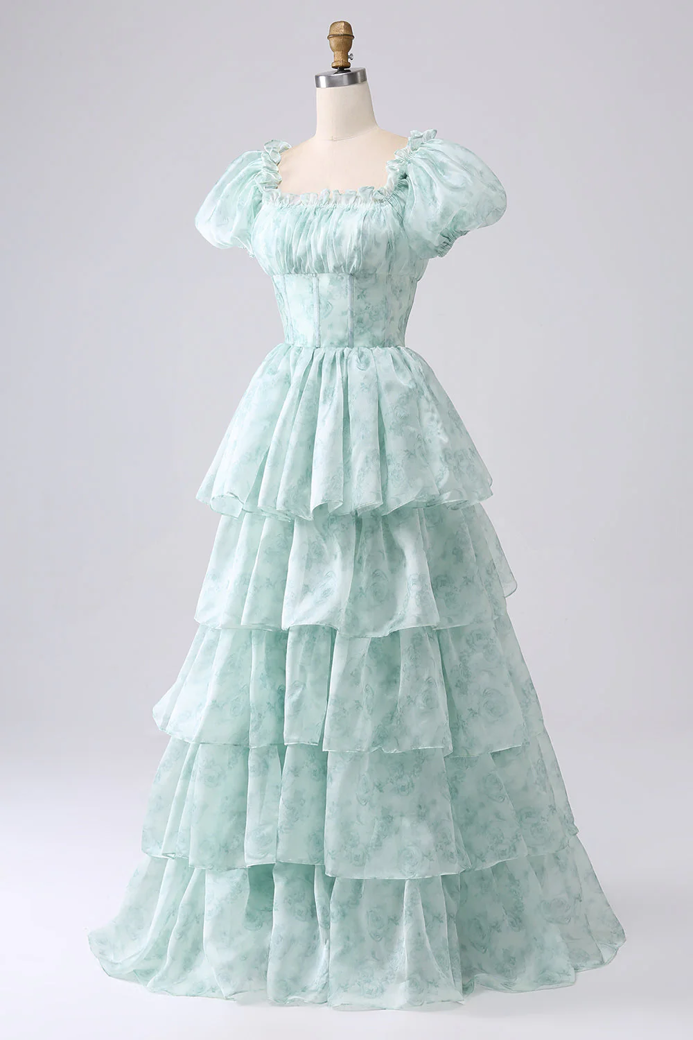 Organza Light Blue Corset Tiered Prom Dress - Image 16