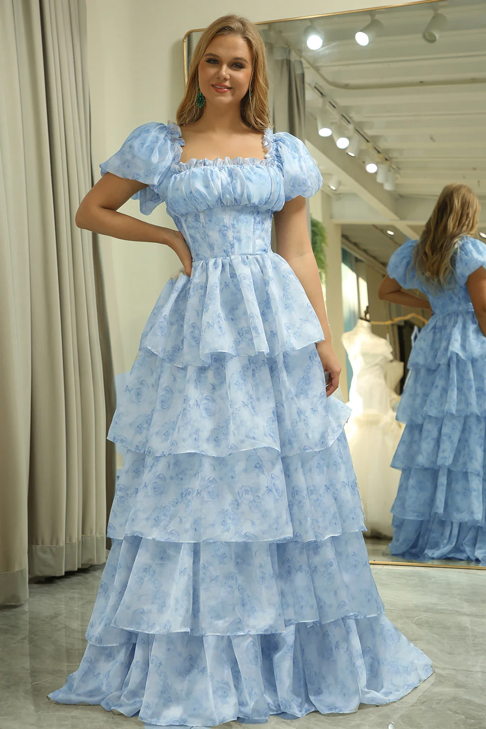 Organza Light Blue Corset Tiered Prom Dress - Image 3