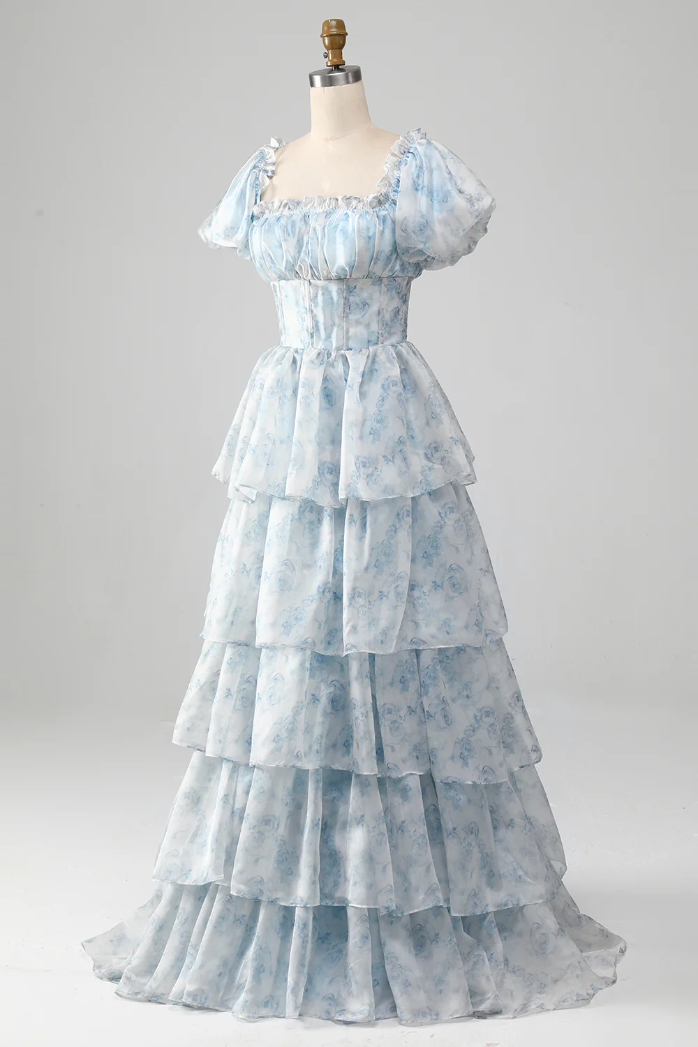 Organza Light Blue Corset Tiered Prom Dress - Image 4