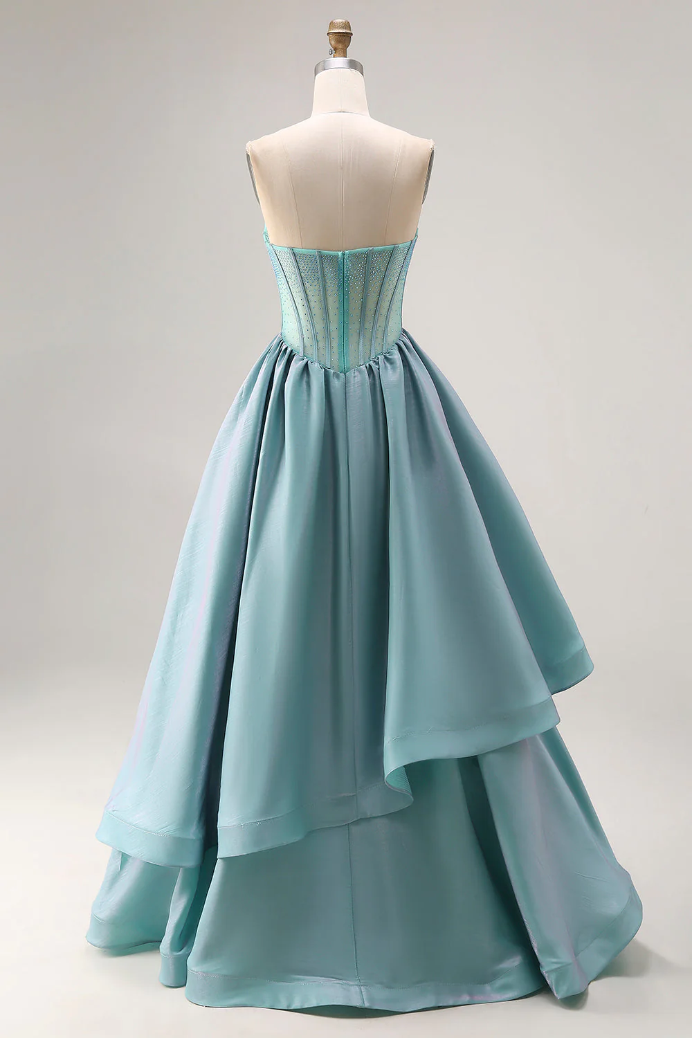 Straplesss A Line Turquoise Beaded Corset Long Satin Prom Dress - Image 2