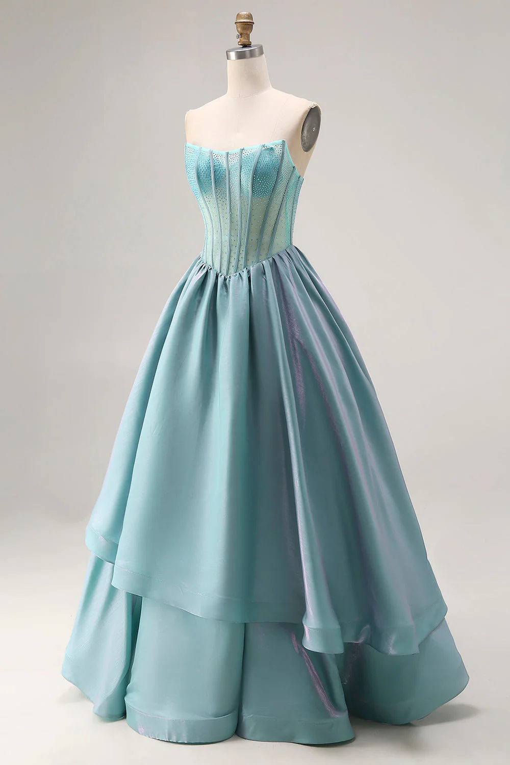 Straplesss A Line Turquoise Beaded Corset Long Satin Prom Dress - Image 3