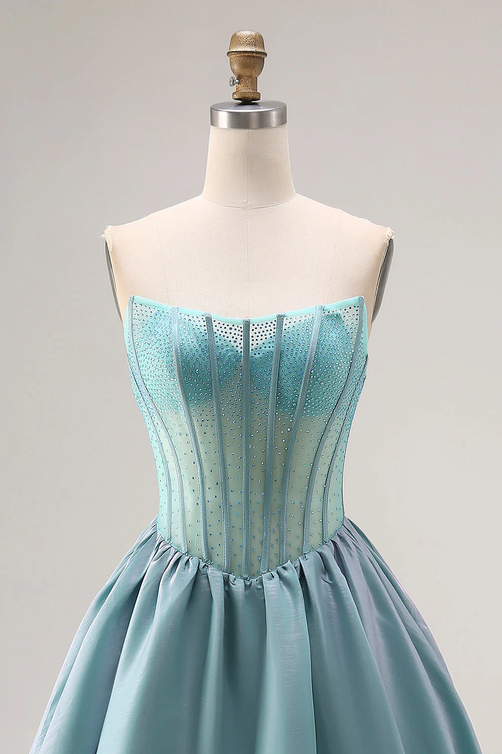 Straplesss A Line Turquoise Beaded Corset Long Satin Prom Dress - Image 4