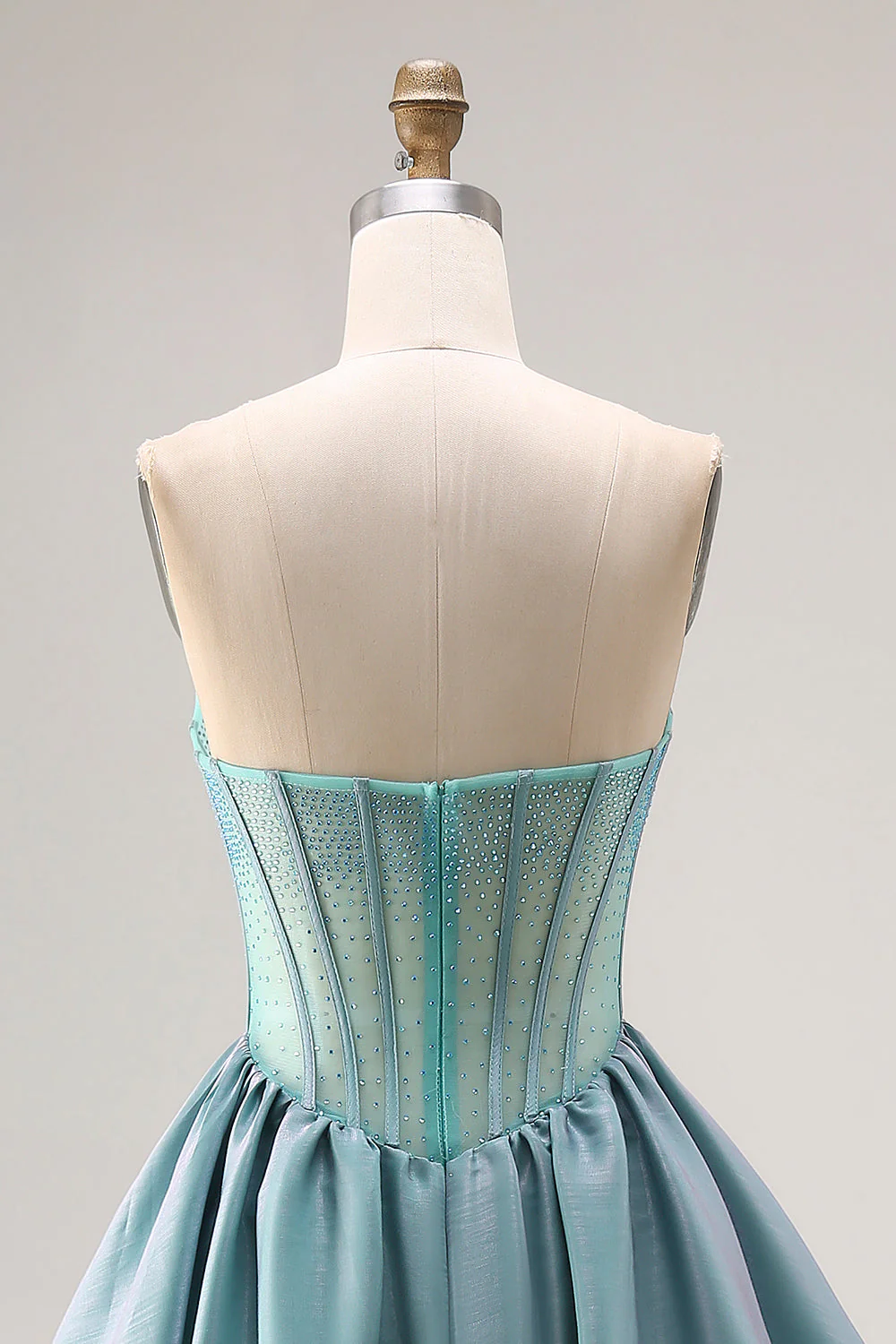 Straplesss A Line Turquoise Beaded Corset Long Satin Prom Dress - Image 5