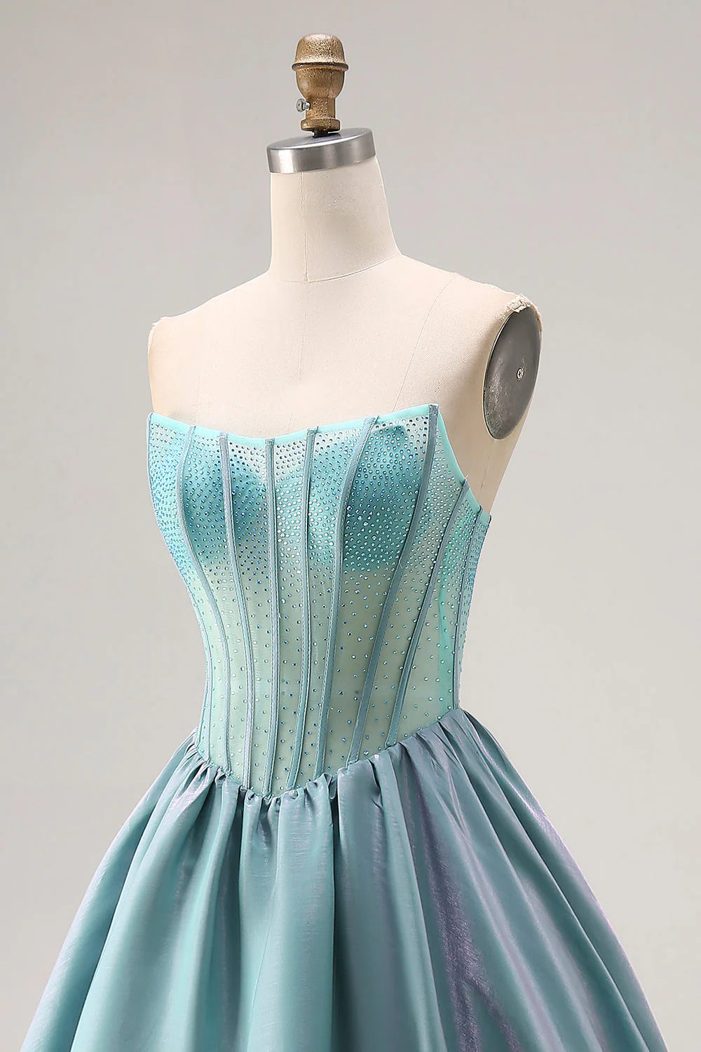 Straplesss A Line Turquoise Beaded Corset Long Satin Prom Dress - Image 6