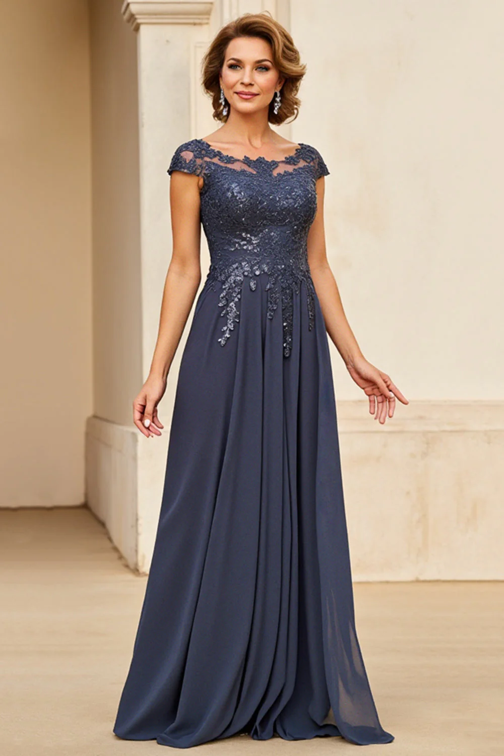 Twilight Applique Chiffon Mother of the Bride Dress with Cap Sleeves - Image 3