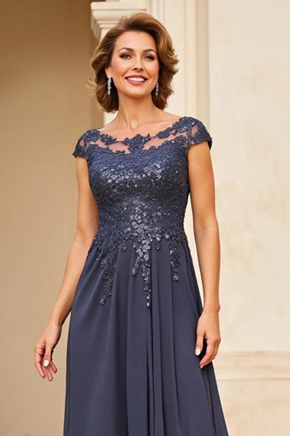 Twilight Applique Chiffon Mother of the Bride Dress with Cap Sleeves - Image 4