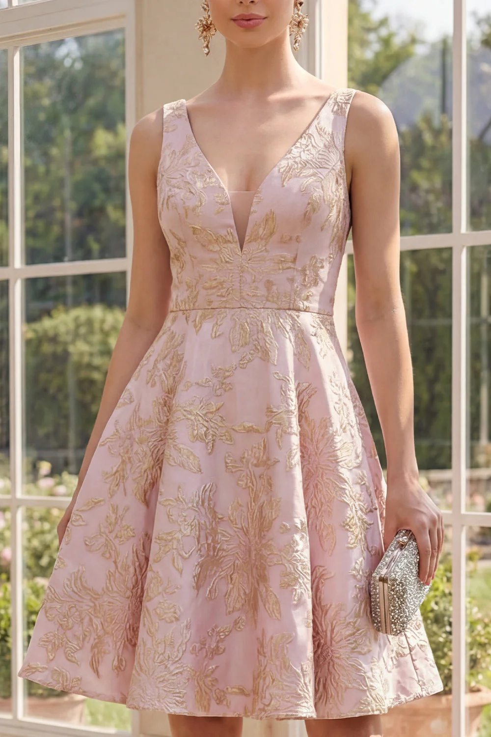 Blush A Line V-Neck Midi Jacquard Floral Dress - Image 3