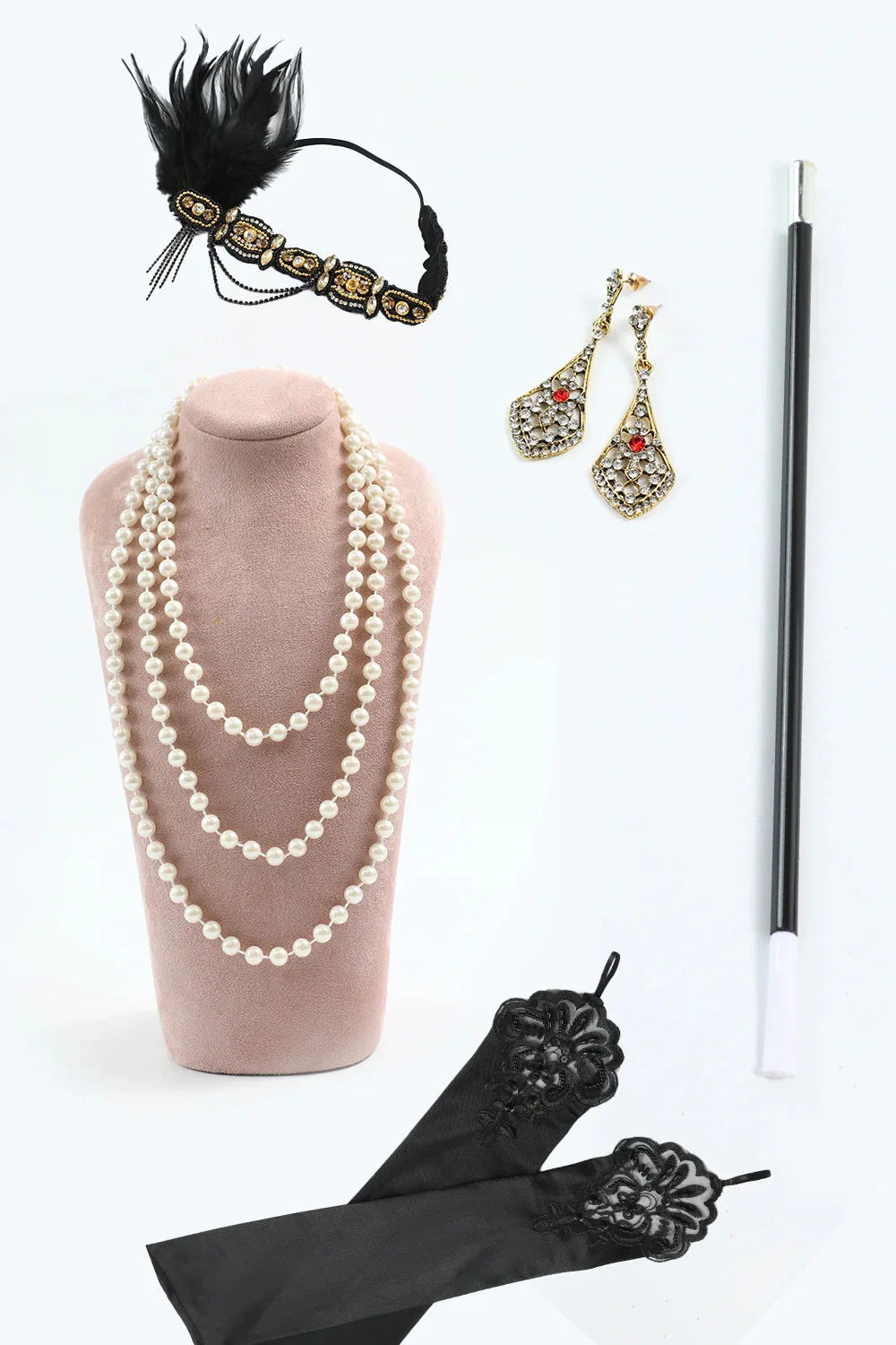 V Neck Bodycon Black Golden Sequin Fringed 1920s Dress with 5-Piece Accessories Set - Image 3