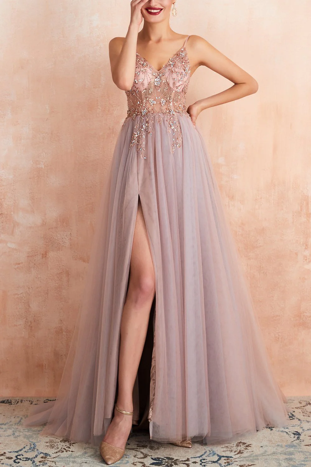 V-neck Grey Pink Tulle Dress - Image 3
