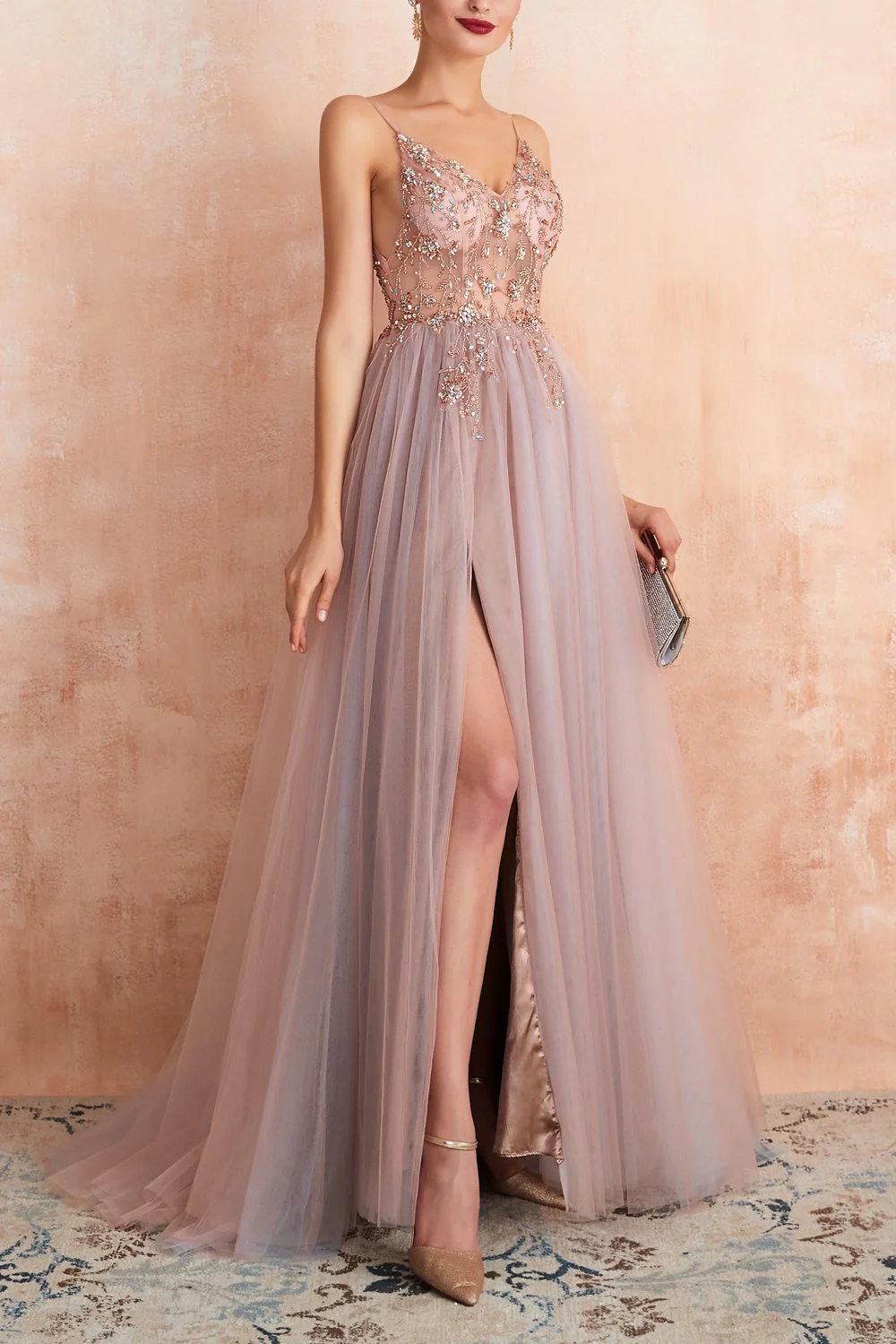 V-neck Grey Pink Tulle Dress - Image 4