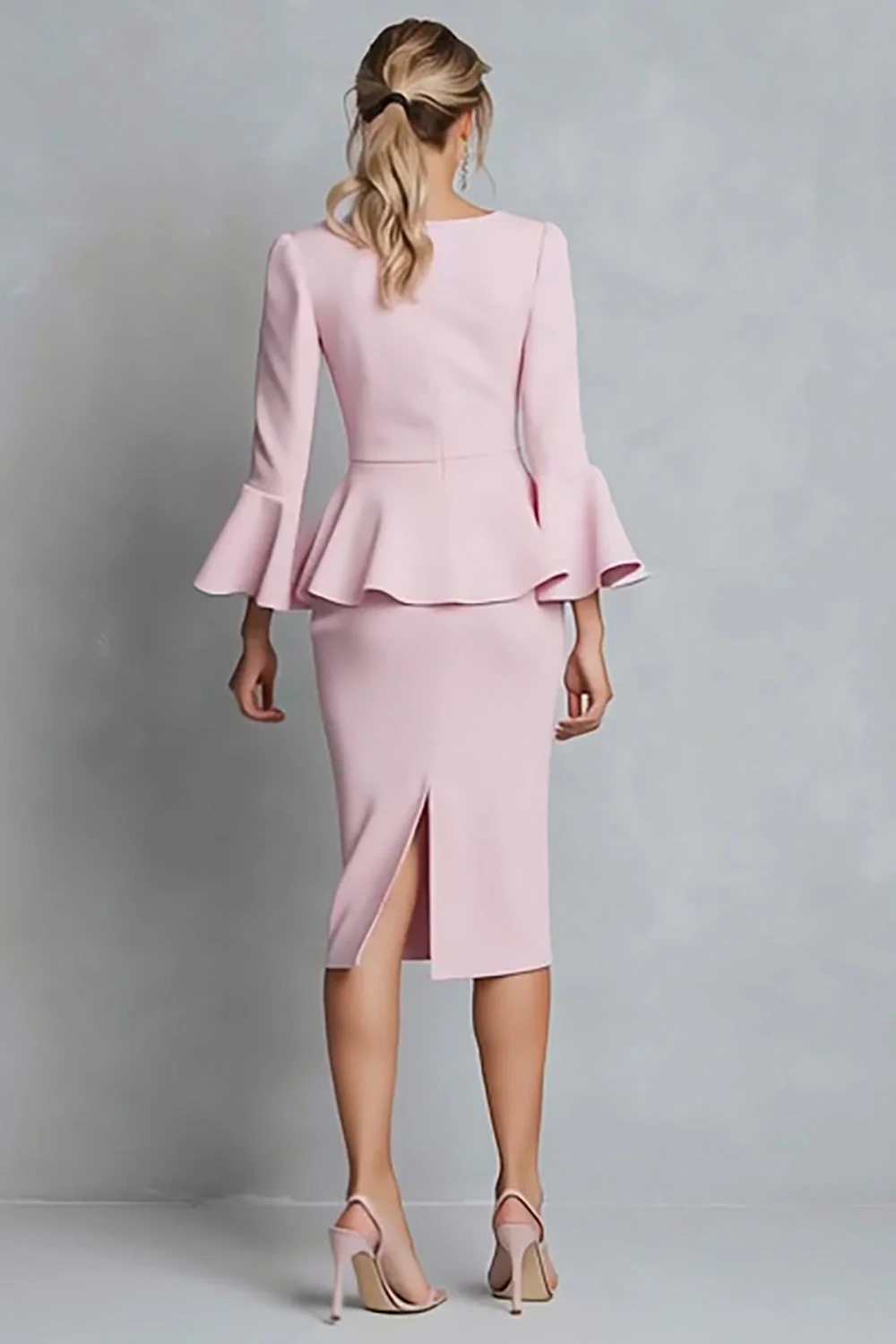 V Neck Ruffled Sheath Pink Midi Work Dress - Image 2
