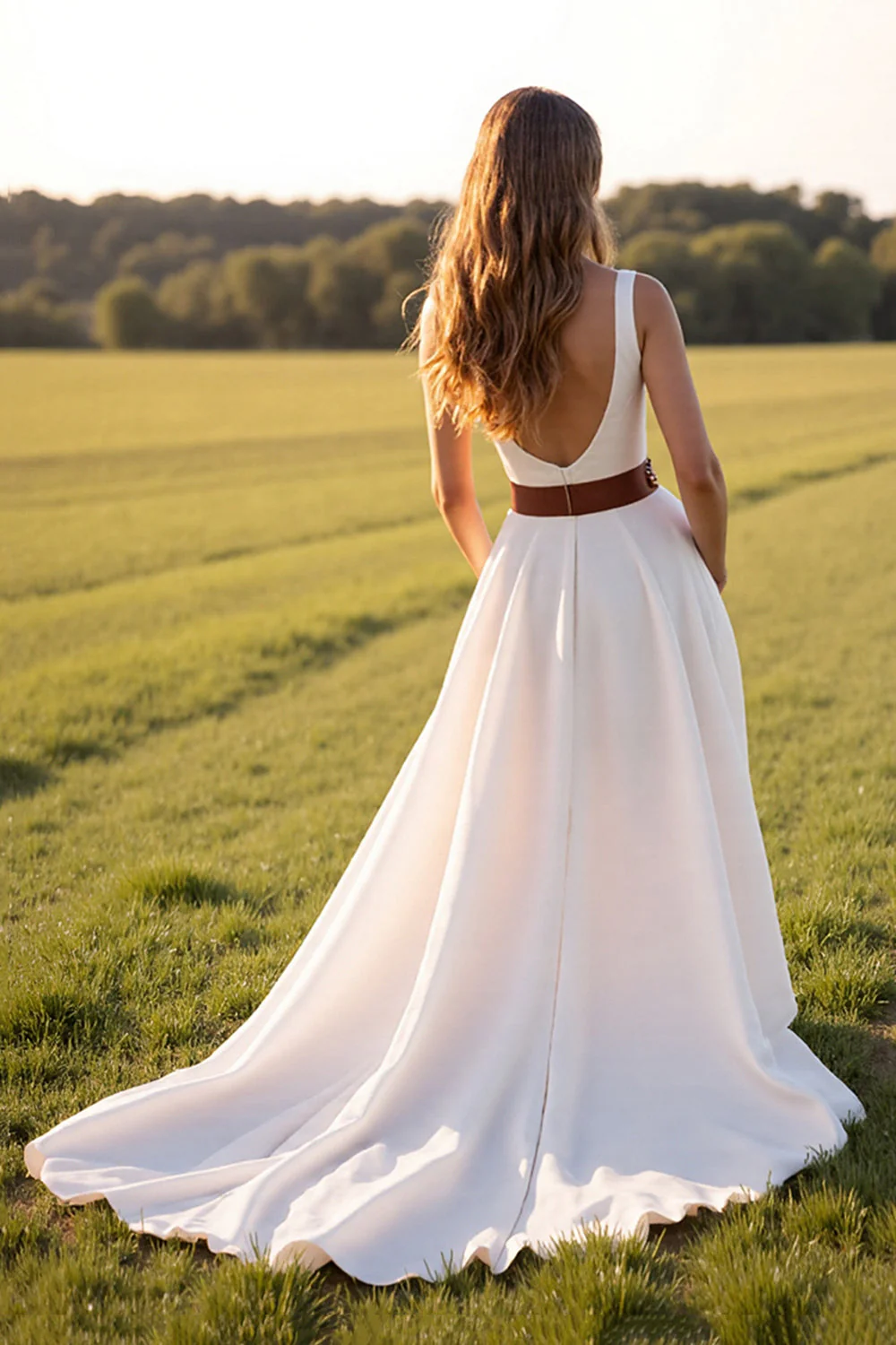 V Neck White A Line Western Wedding Dress with Slit - Image 2