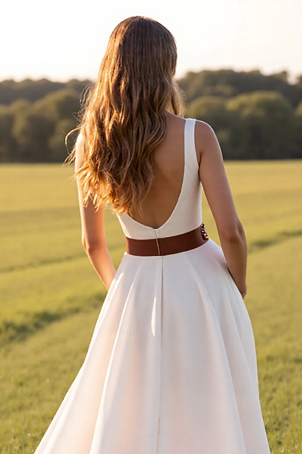 V Neck White A Line Western Wedding Dress with Slit - Image 4