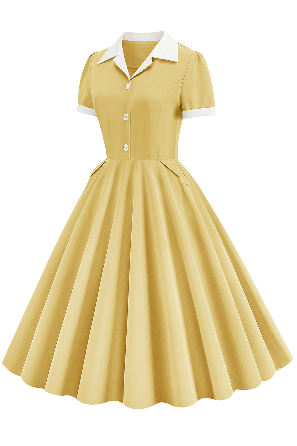 V Neck Yellow Vintage Dress with Button - Image 3