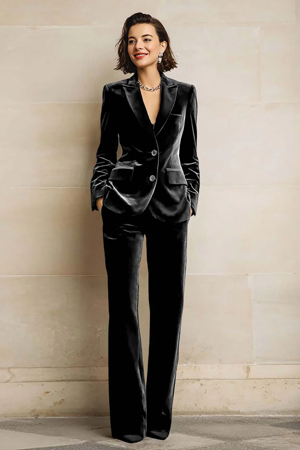Velvet 2 Piece Plum Peak Lapel Single Breasted Women's Suits - Image 4