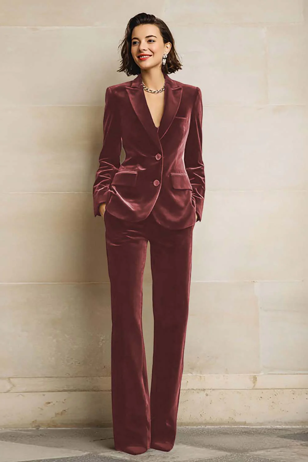 Velvet 2 Piece Plum Peak Lapel Single Breasted Women's Suits - Image 9