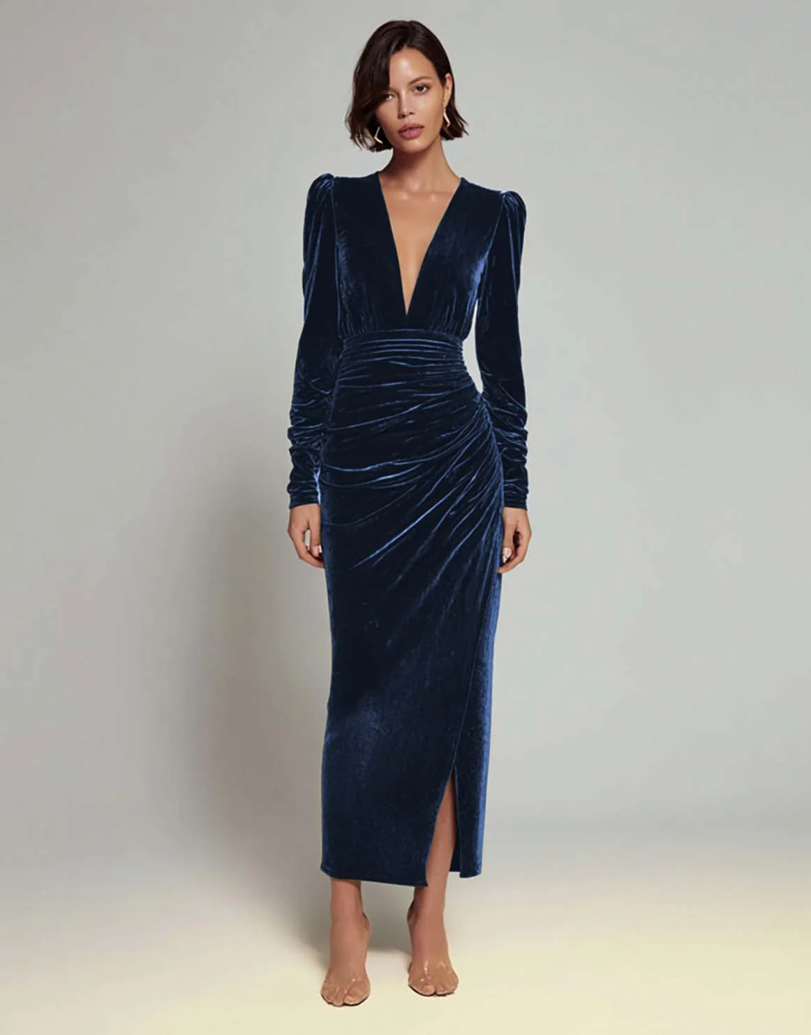 Velvet Sheath Olive V-Neck Ruched Choir Dress with slit - Image 11