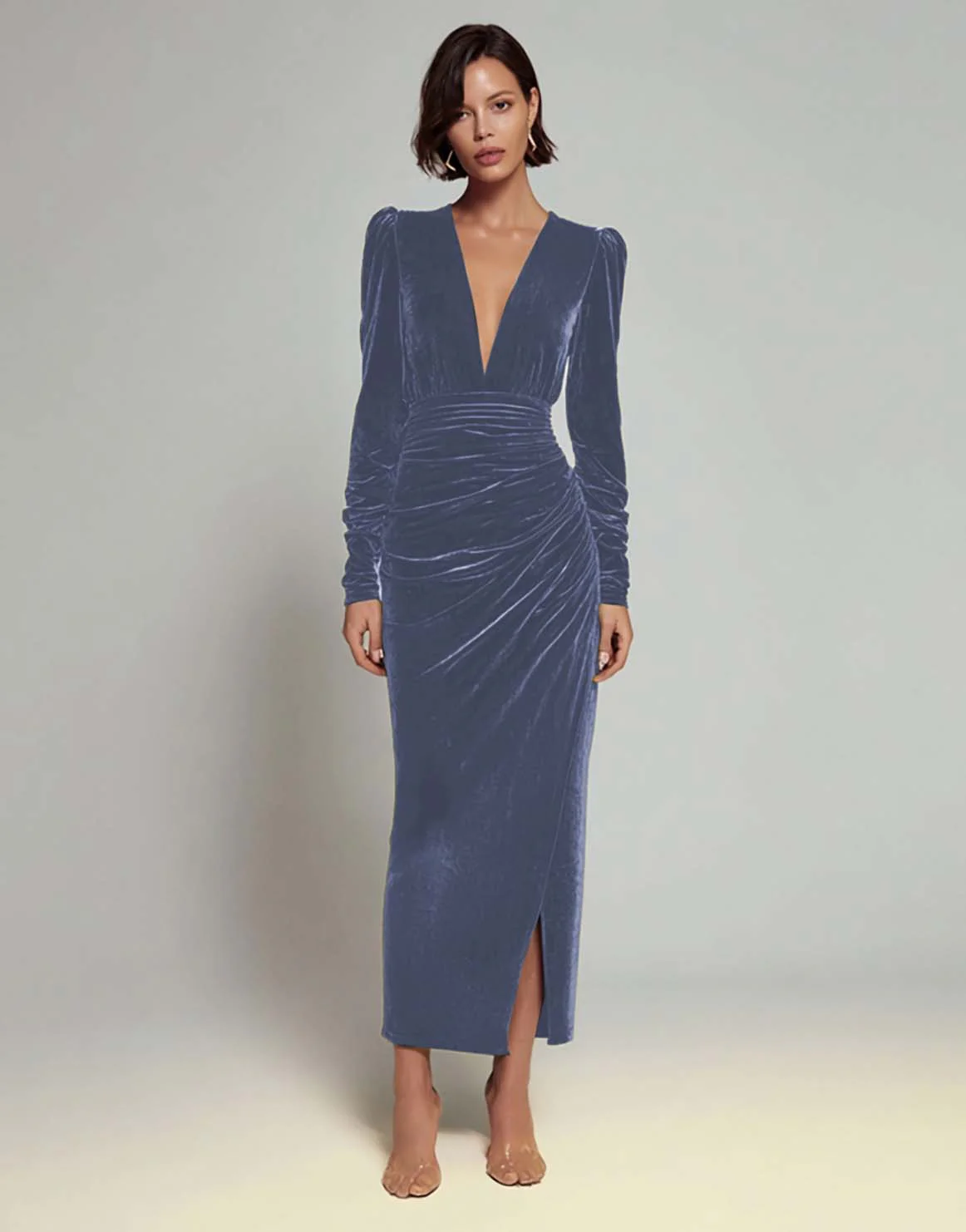 Velvet Sheath Olive V-Neck Ruched Choir Dress with slit - Image 13