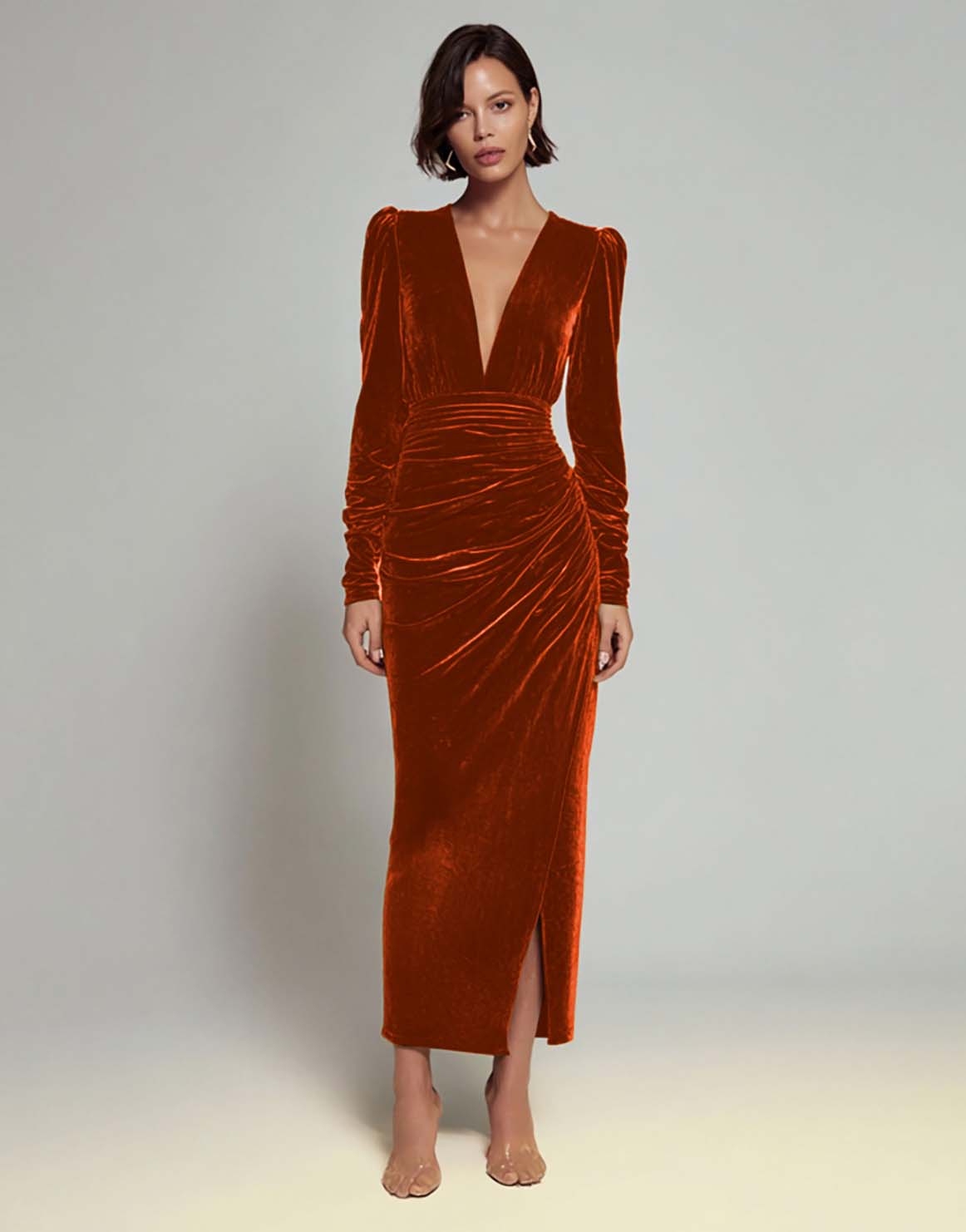 Velvet Sheath Olive V-Neck Ruched Choir Dress with slit - Image 18
