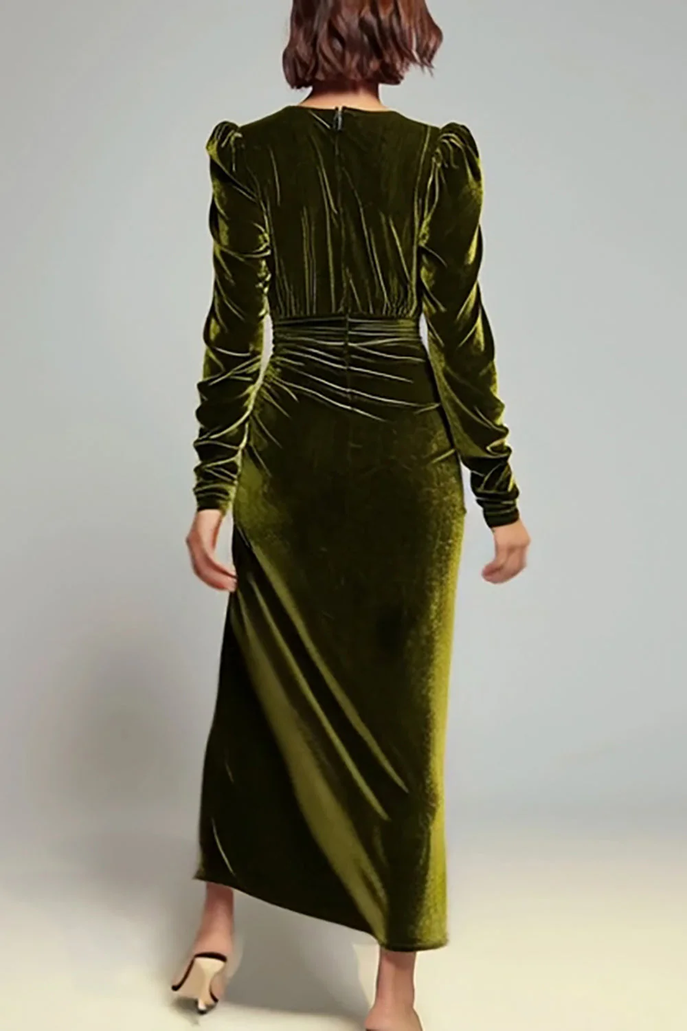 Velvet Sheath Olive V-Neck Ruched Choir Dress with slit - Image 2