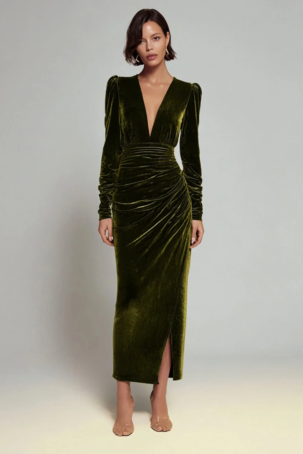 Velvet Sheath Olive V-Neck Ruched Choir Dress with slit - Image 3