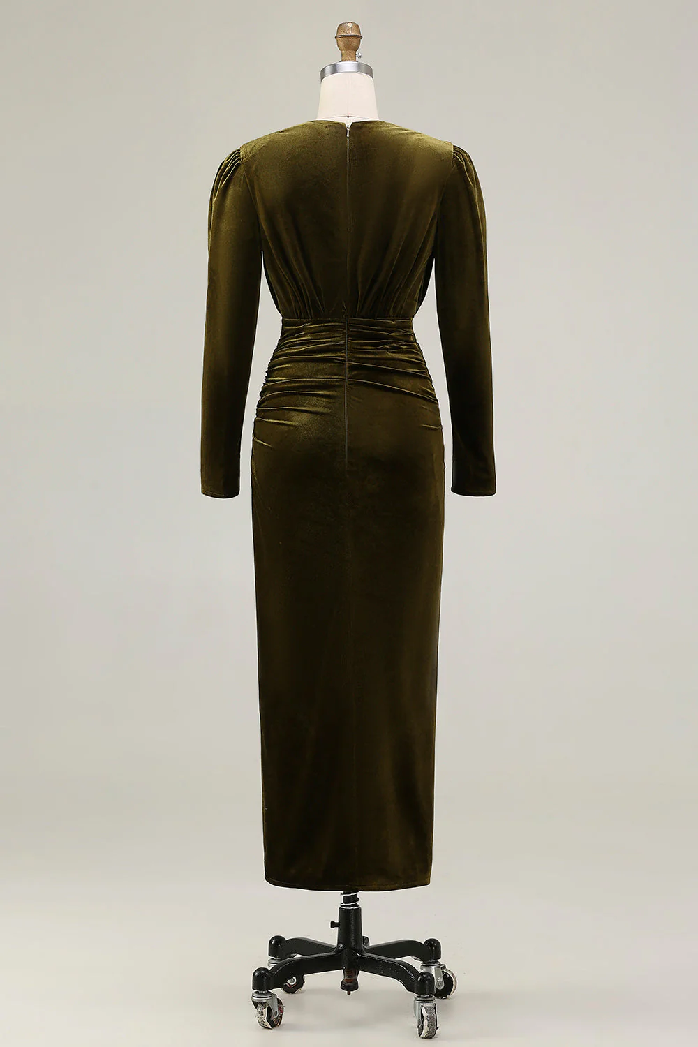 Velvet Sheath Olive V-Neck Ruched Choir Dress with slit - Image 5
