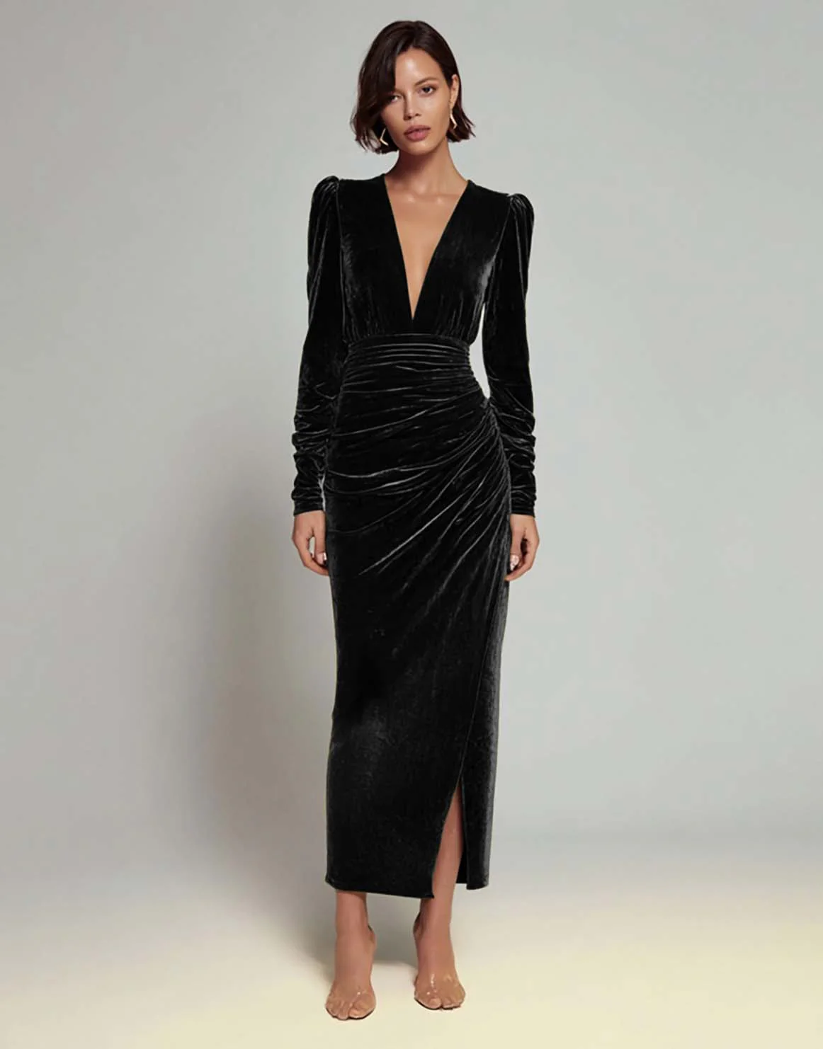 Velvet Sheath Olive V-Neck Ruched Choir Dress with slit - Image 6