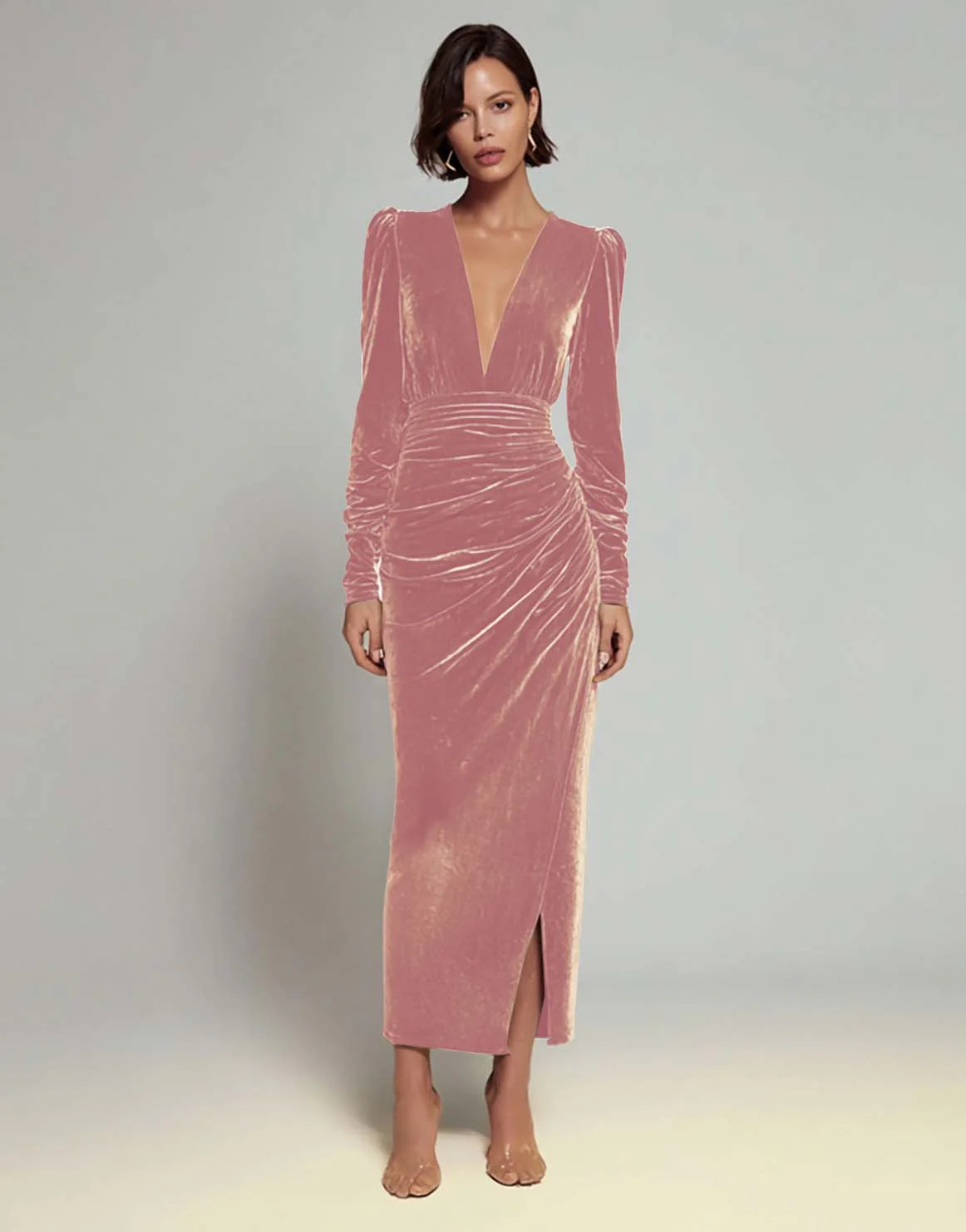 Velvet Sheath Olive V-Neck Ruched Choir Dress with slit - Image 7