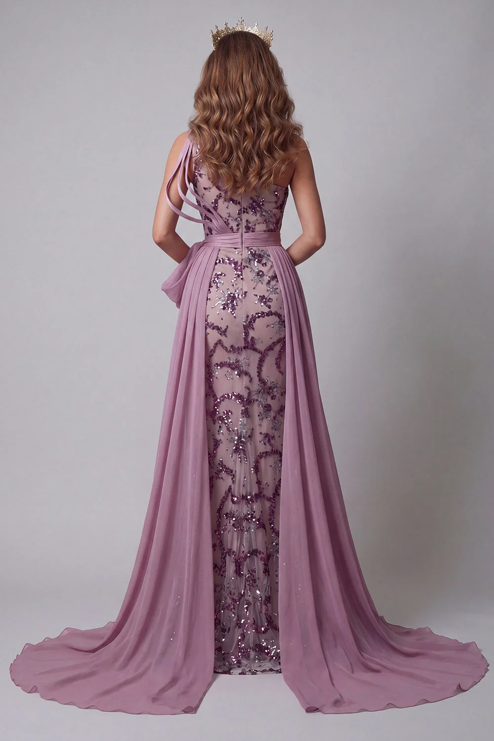 One Shoulder Sequin Mermaid Vintage Mauve Evening Dress with Bow - Image 2