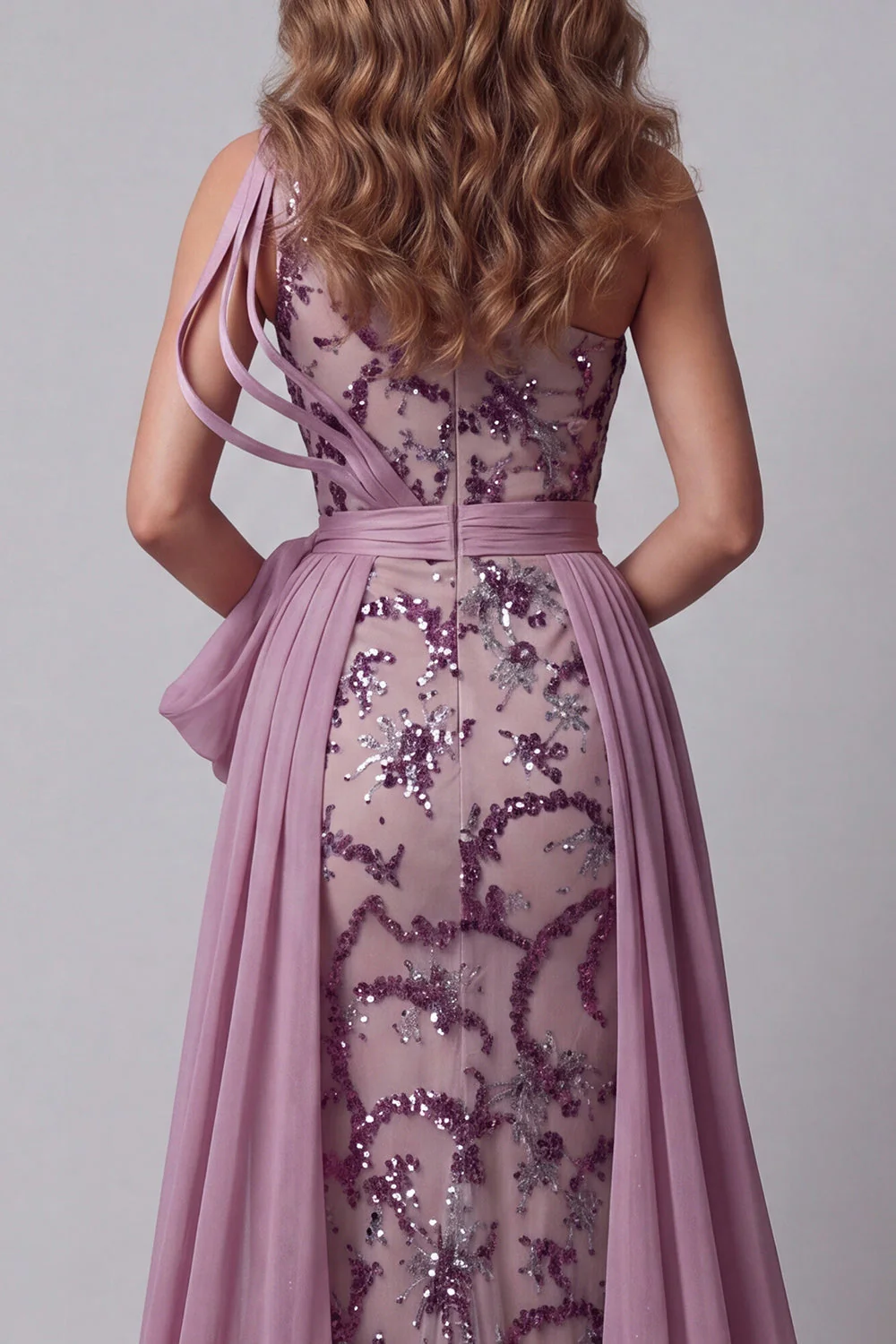 One Shoulder Sequin Mermaid Vintage Mauve Evening Dress with Bow - Image 4